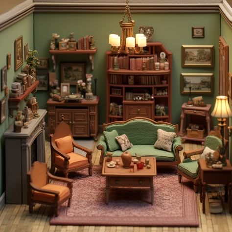 Miniature Dollhouse Living Room, Victorian, Wood Theme, 3-d model, Plasticine Miniature Houses Interior, Miniature House Interior, Aesthetic Miniature House, Living Room Diorama, Victorian Furniture Living Room, Aesthetic Dollhouse Interior, Miniature Interior Models, Miniature Study Room, Victorian Dollhouse Interior