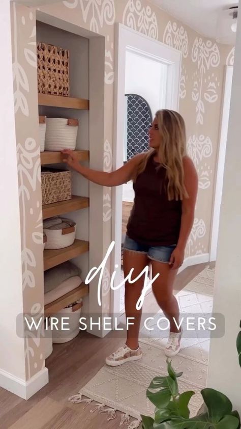 Making Over My Brother's Small Apartment Living Room - Within the Grove Faux Floating Shelves, Wire Shelf Covers, Diy Home Garden, Dream Pantry, Shelf Cover, Best Hacks, Living Room Reveal, Wire Shelves, Diy Halloween Decor