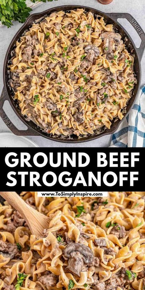 If you're looking for a hearty meal your whole family will love, you can't go wrong with this easy ground beef stroganoff. A slight variation on a classic favorite dinner, it's made with simple ingredients in just 30 minutes! Whole 30 Ground Beef Recipes, Stroganoff Recipe Ground Beef, Beef Stroganoff With Ground Beef, Daycare Recipes, Ground Beef Stroganoff Recipe, Instant Pot Beef Stroganoff, Easy Ground Beef Stroganoff, To Simply Inspire, Beef Stroganoff Recipe