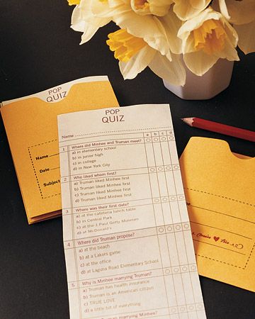 Guests are invited to fill in the answers and deposit into drop boxes. Bride and groom mailed the graded quizzes after the wedding with their thank-you notes. Bridal Shower Games Funny, Couples Quiz, Shower Activities, Wedding Games For Guests, School Wedding, Teacher Wedding, Fun Bridal Shower Games, Bridal Shower Activities, Retro School