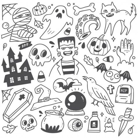 cute halloween patterns Easy Doodles Halloween, Character Doodles Simple, Halloween Doodles Easy, Freepik Premium Vector, Simple Drawing Ideas Easy Doodles, Cute Halloween Doodles, Simple Drawing Ideas Easy, Character Doodles, Doodles Halloween