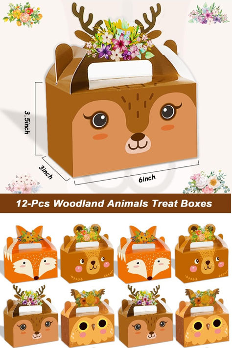 Woodland Party Gift Boxes - 12 Pack with Cute Animals and Flowers Woodland Goodie Bag Ideas, Forest Birthday Theme, Woodland Animals Party, Forest Birthday, Animals Party, Party Favors For Kids Birthday, Party Favor Boxes, Forest Animal, Woodland Party