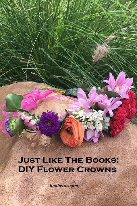 Just Like the Books: DIY Flower Crowns From BookRiot.com | Flower Crowns | Anne of Green Gables | Little Women | DIY Flower Wreaths | #flowercrowns #AnnewithanE #DIYflowercrowns Anne With An E Flower Crown, Anne With An E Birthday Party, Anne Of Green Gables Crafts, Diy Flower Crowns, Books Diy, Gable House, Craft Projects For Adults, Princess Tattoo, Diy Flower Crown