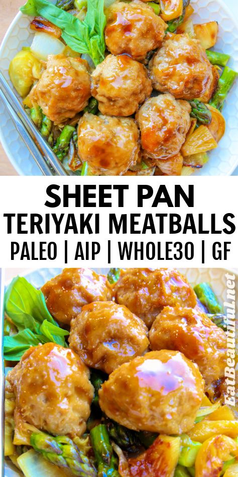 Sheet Pan Teriyaki Meatballs use either ground turkey or ground beef, you choose. Baked with a medley of veggies and an incredibly delicious Teriyaki Sauce, this sheet pan dinner is easy to bake and serve, and just so delicious! Paleo, AIP, Whole30 and Gluten-free. | sheet pan | teriyaki | meatballs | ground turkey | ground beef | aip | paleo | whole30 | gluten free || #sheetpan #teriyaki #meatballs #paleo #aip