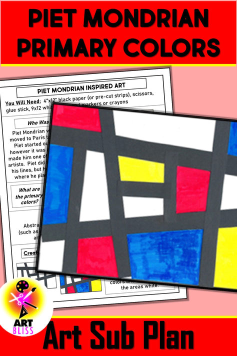 1 page simple art sub plan to teach about artist Piet Mondrian and primary colors. Includes step-by-step and finished example. Perfect for Pre-K, Kindergarten and first grade Kindergarten Primary Color Art Lesson, Piet Mondrian Art Projects For Kids, Mondrian Art For Kids, Mondrian Art Projects, Piet Mondrian Art, History Lessons For Kids, Color Art Lessons, Art Sub Lessons, Christian Classroom