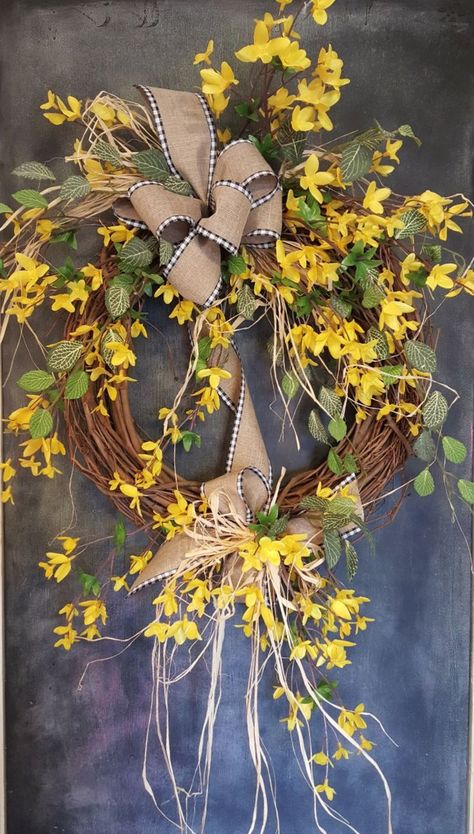 Front door wreath, spring wreath, summer wreath, everyday wreath, forsythia wreath Sunroom Decorating Ideas Indoor, French Country Sunroom, Country Sunroom, Sunroom Decorating Ideas, Forsythia Wreath, Cottage Wreath, Yellow Wreath, Sunroom Decorating, Spring Door Wreaths