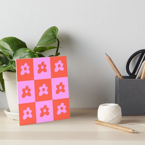 "Flower Checkerboard" Art Board Print by andiegras | Redbubble Checkerboard Painting, Checkerboard Art, Boho Painting, Bright Boho, Easy Canvas Painting, Cute Paintings, Canvas Ideas, Aesthetic Painting, Retro Flowers