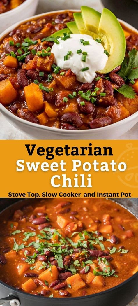 This hearty Vegetarian Chili with sweet potatoes and beans is a meatless, plant-based, protein-rich chili recipe that is easy to make on the stove top, Instant pot and slow cooker. Easily made vegan if choosing vegan toppings. #vegetarian #vegan #plantprotein #beans #easy #lemonblossoms #dinner Sweet Potato Chili Crockpot, Sweet Potato Chili Vegetarian, Sweet Potato Vegetarian, Vegetarian Chili Crock Pot, Sweet Potato Chili Recipe, Crock Pot Sweet Potatoes, Vegetarian Stew, Vegan Chili Recipe, Vegan Crockpot Recipes