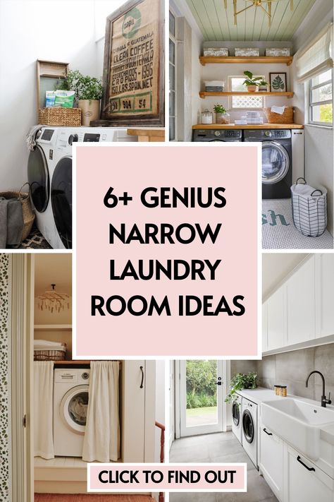 6 narrow laundry room ideas Step Down Laundry Room, Shallow Laundry Closet, Narrow Washer And Dryer, Closet Style Laundry Room, Bathroom To Laundry Room Conversion, Staircase Laundry Room, Hanging Bar In Laundry Room, Laundry Boot Room Ideas, Narrow Walk Through Laundry Room