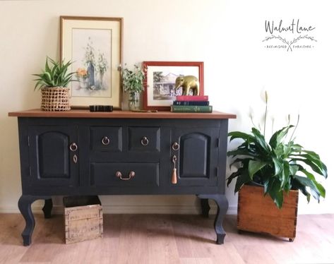 Low Balinese sideboard. Painted in charcoal grey. Top stained and varnished for protection Diy Buffet Cabinet, Charcoal Sideboard, Sideboard Makeover, Diy Buffet, Sideboard Painted, Sideboard Styles, Making Furniture, Painted Sideboard, Sideboard Grey