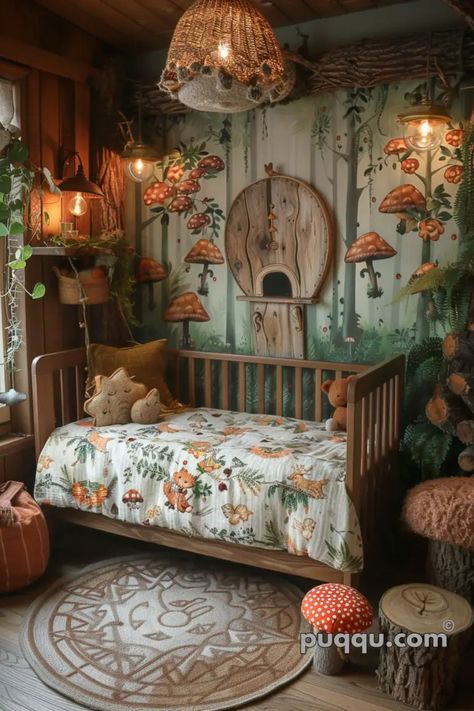 Woodland Nursery Ideas: Creating a Cozy Haven for Your Little One - Puqqu Enchanted Forest Nursery Theme Girl, Mushroom Kids Room, Magic Forest Nursery, Whimsical Garden Nursery, Enchanted Forest Theme Nursery, Cottage Core Baby Room, Toadstool Nursery, Cottagecore Nursery Girl, Cottage Core Kids Room