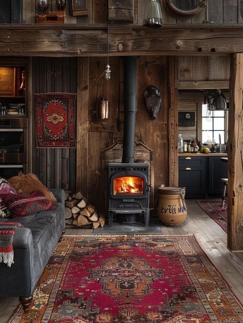 Old Hunting Cabin, Hearth Aesthetic, Cabin Interiors Rustic Decorating Ideas, Victorian Cabin, Cabins In The Woods Interior, Cabin In The Woods Aesthetic, Cozy Wooden House, Painted Log Home Interior, Cabincore Aesthetic