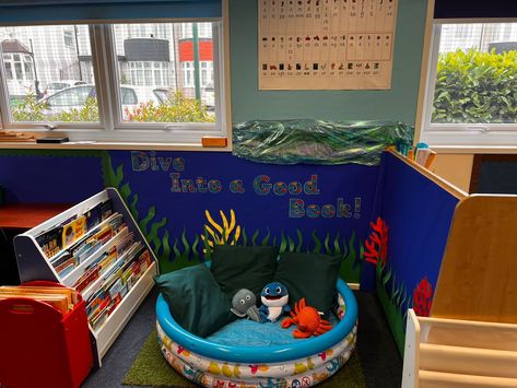 Under The Sea Class Decoration, Under The Sea Reading Area, Under The Sea Display Classroom, Under The Sea Theme Preschool Decoration, Reading Reef Classroom Ocean Themes, Under The Sea Book Corner, Ocean Theme Reading Corner, Ocean Themed Daycare Room, Under The Sea Preschool Classroom