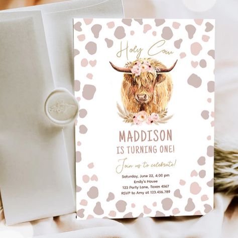 $3.08 | Boho Holy Cow Highland Pampas 1st First Birthday #cow birthday, farm birthday, girl birthday, farm animals, holy cow, cow girl birthday, moo cow, highland cow, boho farm, first birthday Farm First Birthday, Cow Highland, Butterfly Baby Shower Invitations, Moo Cow, Cow Birthday, 2nd Birthday Invitations, Farm Birthday, Holy Cow, 1st Birthday Invitations