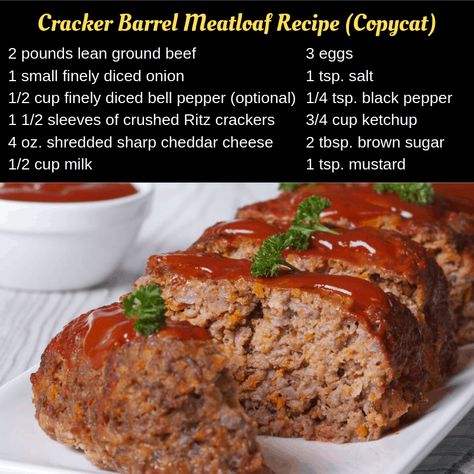 pepper, 4 ounces of shredded sharp cheddar cheese, 1/2 cup milk, 1 tsp salt and 1/4 tsp black pepper.  Add 2 pounds of ground beef. I recommend using ground beef with a ratio of 80/20. 80 percent lean beef and 20 percent fat. This creates a moist, Cracker Barrel Meatloaf Recipe, Cracker Barrel Recipes, Cracker Barrel Meatloaf, Good Meatloaf Recipe, Best Meatloaf, Meatloaf Recipe, Ritz Crackers, Beef Recipes Easy, Cracker Barrel