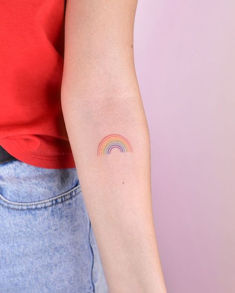 Fine Line Rainbow Tattoo, N Tattoo, Rainbow Tattoo, Tattoo Cute, Iris Tattoo, Rainbow Words, Rainbow Tattoos, Little Tattoos, Simplistic Tattoos