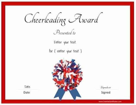 Free printable cheerleading certificates that can be customized online then printed. No registration required. Many designs available. Cheer Certificates Templates, Cheer Certificates, Cheer Coach Ideas, Award Templates Free, Cheerleading Chants, Cheer Awards, Free Printable Certificate Templates, Certificates Template, 10 Year Reunion