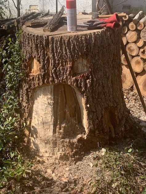 Gnome Home | Hometalk Hobbit House Tree Stump, Tree Stump Ideas Garden Fairy Houses Gnome Door, Gnome House Diy Tree Stump, Gnome House Tree Stump, Tree Stump Fairy House Diy Ideas, Gnome Home Tree Stump, Gnome Houses From Tree Stumps, Tree Stump Gnome House, Gnome Tree Stump House