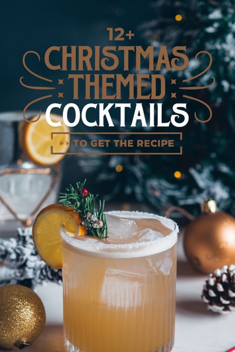 Christmas-themed cocktail garnished with rosemary and an orange slice, surrounded by holiday decorations. Christmas Alcoholic Drink Ideas, Noreaster Cocktail, Holiday Mezcal Cocktail, Christmas Long Island Drink, Edible Glitter Drinks Christmas, Christmas Movie Cocktails, Christmas Cocktail With Vodka, Christmas Pina Colada, Whiskey Holiday Cocktail