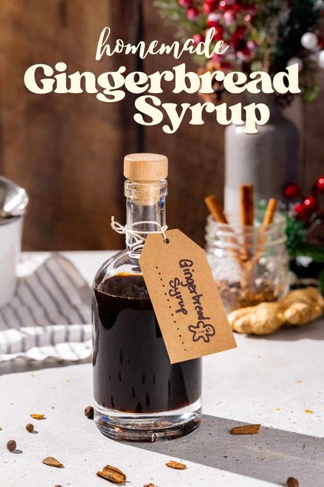 This Gingerbread Syrup recipe is an easy homemade simple syrup that tastes just like a liquid gingerbread cookie. Perfect for Christmas cocktails, pancakes or for a delicious homemade Gingerbread latte! A bottle of this syrup would also make the perfect holiday gift. Easy Homemade Syrup, Gingerbread Latte Syrup, Homemade Simple Syrup, Homemade Coffee Syrup, Christmas Pancakes, Gingerbread Syrup, Homemade Gingerbread, Ginger Molasses, Drink Syrups