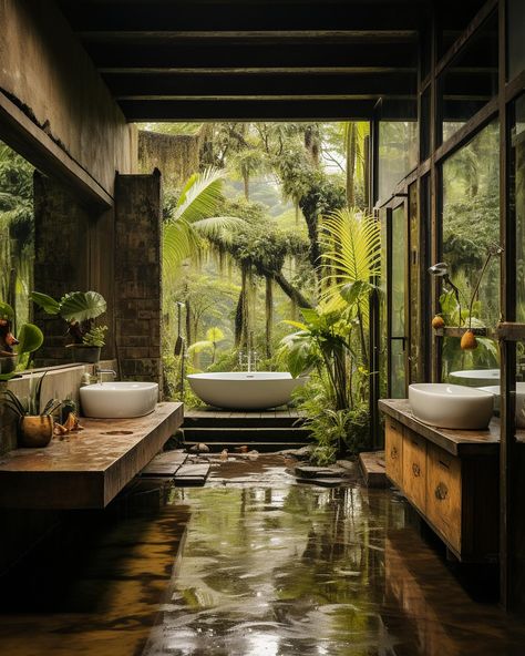 Brazil jungle home luxury design concepts✨ We design luxury spaces for clients worldwide, find out more on our website, link in bio! #interiordesign #interior Rainforest Interior Design, Jungle Interior Design, Jungle Houses, Tropical Treehouse, Brazil Jungle, Jungle Bathroom, Jungle Home, Tropical Interiors, Beautiful Vacation Spots