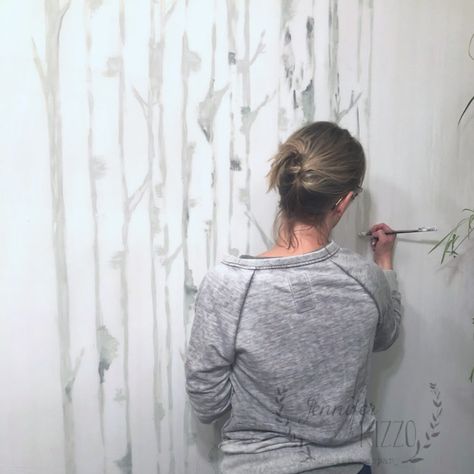 Jennifer Rizzo painting birch tree wallpaper on wall as a mural #murals #wallpaperideas #wallpapermurals #birchtrees #Diymuralideas Painting Birch Trees On Wall, Diy Birch Tree Painting Wall Murals, Birch Tree Wall Mural, Birch Tree Wall Art, Painted Birch Trees, Paint Trees On Wall Diy, Trees Painted On Walls, Birch Mural, Tree Murals On Wall