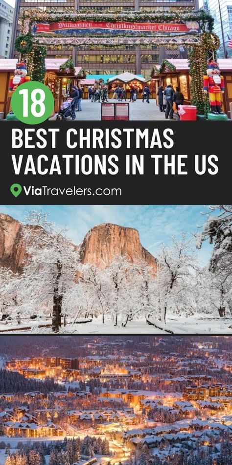 Are you planning a last-minute Christmas vacation? No problem! here are the 18 Best Christmas Vacation Destinations in the United States! Find one close to you and plan your family holiday itinerary now. There are plenty of unique destinations in the US that offer exciting activities and holiday festivities. Whether you are looking for a white Christmas or someplace nice and sunny we have you covered. Find the best place to spend your Christmas and pack your bags. Vacations In The United States, Christmas Vacation Destinations, Best Christmas Vacations, Christmas Family Vacation, Christmas Travel Destinations, Christmas Getaways, Vacations In The Us, Christmas Destinations, A White Christmas