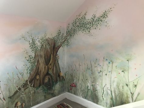 Enchanted tree mural in fairy meadow Fairy Forest Mural, Woodland Mural Diy, Hand Painted Woodland Mural, Nature Mural Nursery, Enchanted Forest Wall Mural, Narnia Mural, Forest Mural Nursery, Fairy Forest Nursery, Fairy Garden Nursery Theme