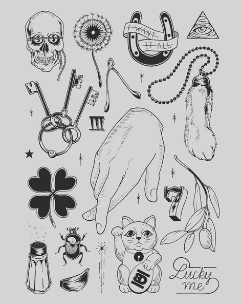 Good Luck Tattoo, Lucky Tattoo, Luck Tattoo, Type Tattoo, Lucky Symbols, Tattoo Flash Sheet, Illustration Art Design, Folk Art Flowers, Symbol Tattoos