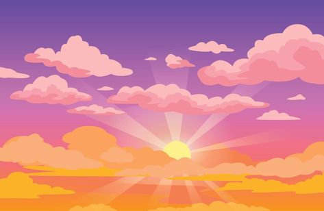 Sunrise Animation, Sunset Animation, Sunset Cartoon, Cartoon Sunset, Yellow Cloud, Sky With Clouds, Cloud Illustration, Sky Anime, Pastel Clouds