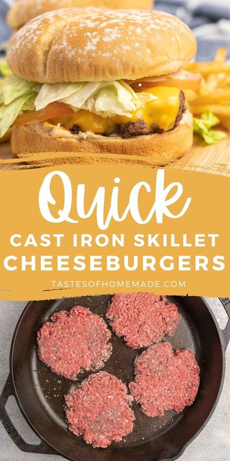 Top photo is a prepared cheeseburger on a soft bun with lettuce, tomato and cheese.  Bottom photo is four flattened hamburger patties, seasoned with salt and pepper in a cast iron skillet. Skillet Hamburgers, Stovetop Cheeseburger, Cast Iron Skillet Burgers, Cheeseburger Skillet, Stovetop Burgers, Skillet Burgers, Cast Iron Burgers, Burgers On The Stove, Making Burger Patties