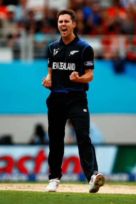 Trent Boult is all fired up after taking a wicket, New Zealand v South Africa, World Cup 2015, 1st Semi-Final, Auckland, March 24, 2015 Trent Boult Wallpaper, Trent Boult, New Zealand Cricket Team, Ipl Cricket, Cricket Quotes, Kane Williamson, Ms Dhoni Wallpapers, Cricket Players, World Cricket