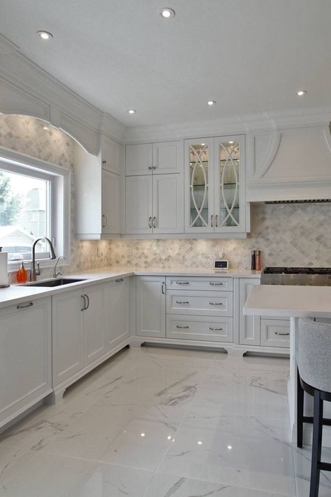 White Marble Floor Tiles Use Found Inc Used Using Product Mosaic Backsplash Quartz Countertops White Marble Tile Floor, Marble Floor Kitchen, Kitchen Design Countertops, Kitchen Countertop Decor, White Marble Kitchen, Countertop Ideas, White Marble Floor, Kitchen Wall Cabinets, Countertop Decor