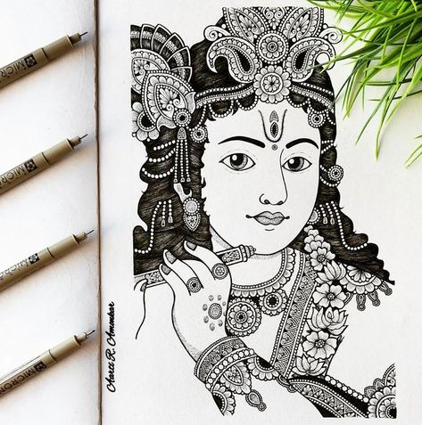 Lord Krishna Mandala Art, Krishna Mandala Art, Krishna Mandala, Krishna Sketch, Easy Cartoon, Fineliner Art, Doddle Art, Gandhi Jayanti, Easy Cartoon Drawings