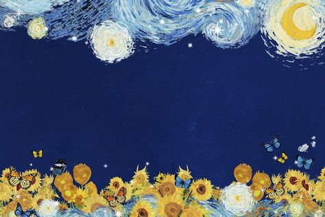 Wallpaper Sunflower, فنسنت فان جوخ, Van Gogh Wallpaper, Starry Night Wallpaper, Starry Night Background, Border Background, Wallpaper Notebook, Van Gogh Sunflowers, Arte Van Gogh