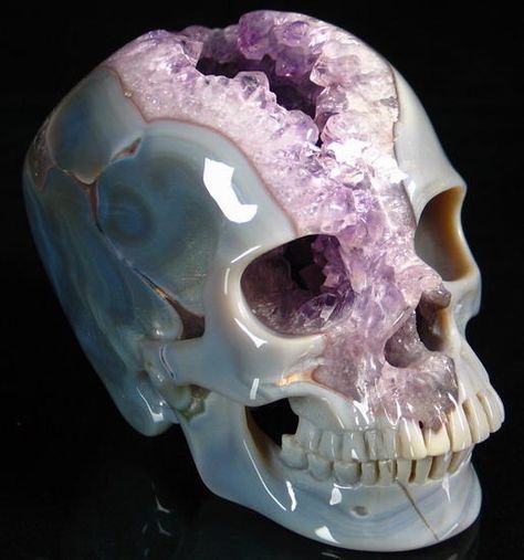 Geode formation carved and polished to form a skull. Skull Realistic, Yennefer Of Vengerberg, Skull Decor, Amethyst Geode, Skull Carving, Minerals And Gemstones, Rocks And Gems, Crystal Skull, 판타지 아트