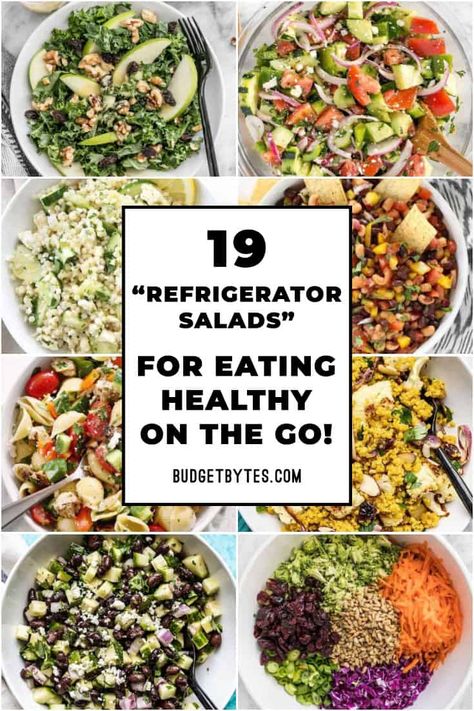 Cook once and eat healthy all week with these 19 Refrigerator Salads that hold up well and stay delicious even after days of refrigeration! BudgetBytes.com #salad #healthyrecipes Roasted Vegetable Couscous, Greek Chicken Pasta, Vegetable Couscous, Roasted Cauliflower Salad, Homemade Balsamic Vinaigrette, Pasta Varieties, Lunch Salads, Eat Healthy, Eating Healthy