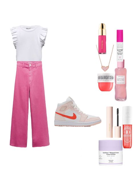 Zara Marine Straight Jeans Outfit Preppy, Preppy Zara Jeans, White Jeans Preppy, Zara Pink Jeans, Zara Jeans Straight Leg Pink Marine, Zara Jeans Outfit, Hot Pink Shirt, Preppy Skincare, First Day Outfit