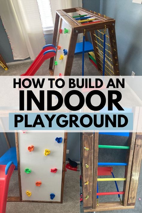 How to Build an Indoor Playground Diy Indoor Playground, Indoor Playground Diy, Indoor Playset, Diy Climbing Wall, Climbing Wall Kids, Indoor Playground Design, Indoor Jungle Gym, Toddler Gym, Diy Couple