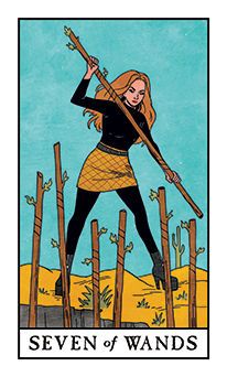 Seven of Wands Tarot Card Meanings | Tarot.com Modern Witch Tarot Deck, 7 Of Wands, Seven Of Wands, Modern Witch Tarot, Witches Tarot Deck, Tarot Decks Art, Weekly Tarot, Ace Of Pentacles, Tarot Horoscope