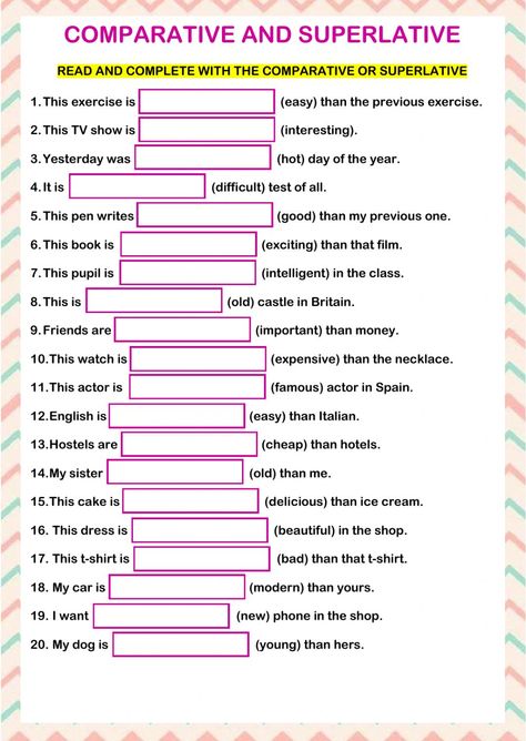 Comparatives and superlatives online worksheet. You can do the exercises online or download the worksheet as pdf. Comparative And Superlative Adjectives Activities, Adjective Comparative And Superlative, Comparative And Superlative Activities, As As Comparative Worksheet, Superlative And Comparative Worksheet, Superlative Comparative, Comparatives And Superlatives Worksheets, Comparatives Worksheet, Comparative And Superlative Worksheets