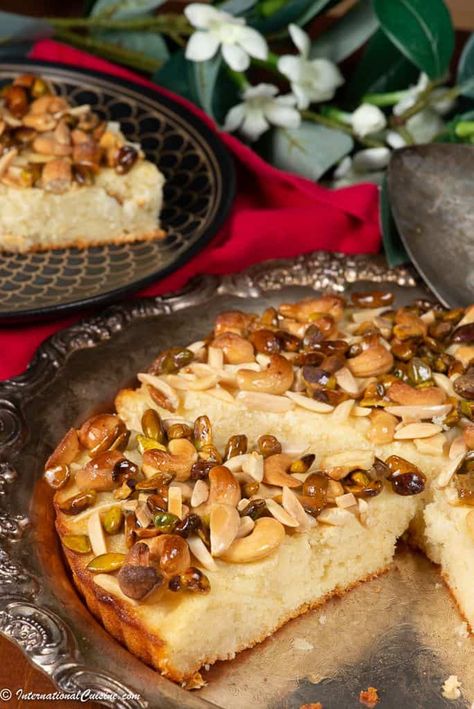 Syrian nut cake called h'risseh is an easy to make delicious dessert made with semolina, nuts and a fragrant sugar syrup. Lebanese Sweets, Nut Cake, Syrian Food, Semolina Cake, Food And Culture, Lebanese Food, Sugar Syrup, Eastern Cuisine, Lebanese Recipes