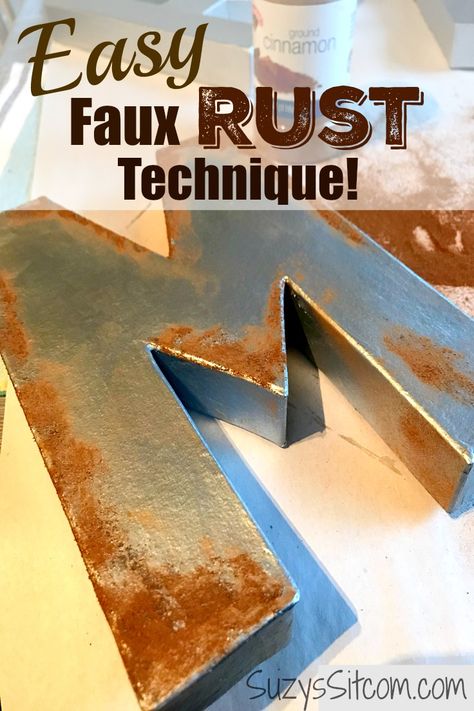 Create the look of Rust with Cinnamon! Aged Metal Diy Paint Finishes, Cinnamon Rust Technique, Using Cinnamon As Rust, Faux Rust With Cinnamon, Faux Metal Paint Finish, Faux Rust Paint Diy, Diy Patina Paint, Rust Effect Paint, Rust Painting