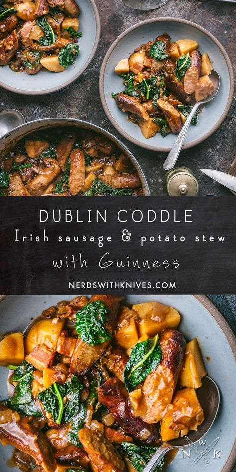 Dublin Coddle is a hearty stew made with potatoes and bangers (Irish sausages). It’s deeply savory, with a sauce packed with caramelized onions, smoky bacon and stout ale. Because we are who we are, our version has a few non-traditional ingredients that bring the flavor to another level, without changing the essential rustic nature of the dish. Irish Sausage Stew, Irish Bangers, Irish Sausage, Dublin Coddle, Cottage Recipes, Guinness Stew, Cottagecore Recipes, Sausage Potato, Hearty Stew