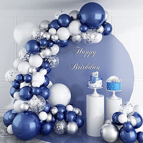 Blue Silver Balloons, Prom Decorations, Silver Balloons, Balloons Arch, Silver Confetti, Arch Kit, Confetti Balloons, White Silver, Confetti