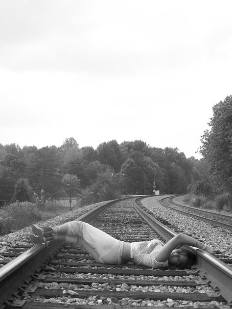 Railroad Photoshoot, Blonde Underneath Hair, Narrative Drawing, Train Tracks Photography, Blonde Underneath, Track Photos, Creative Shoots, Character Tropes, Woman Laying