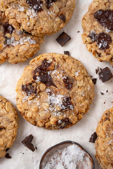 Tahini Chocolate Chip Cookies, Vegan Oatmeal Chocolate Chip Cookies, Ella Vegan, Tahini Chocolate, Tahini Cookies, Vegan Oatmeal, Plant Based Desserts, Peanut Recipes, Oatmeal Chocolate Chip