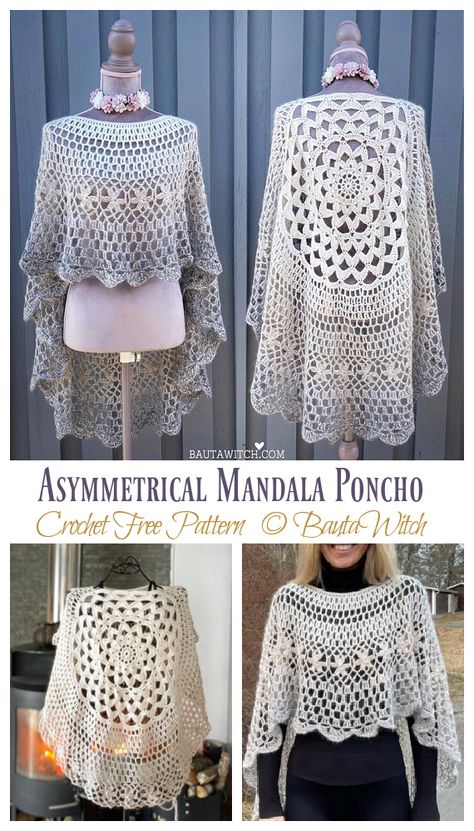 Asymmetrical Mandala Poncho Crochet Free Pattern - Crochet & Knitting Poncho Crochet Pattern Free, Crochet Cape Pattern Free, Crochet Lace Poncho, Crochet Kimono Pattern, Crochet Caplet, Crochet Cape Pattern, Poncho Patterns, Lace Poncho, Crochet Wearables