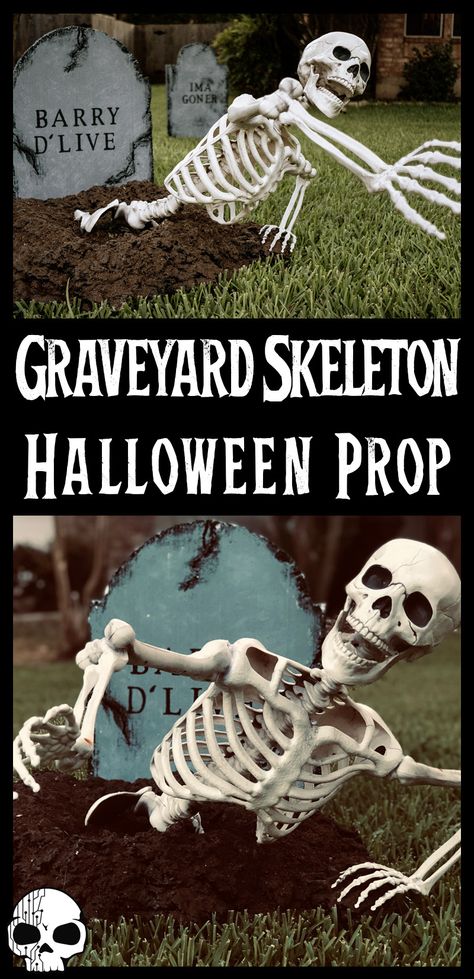 Learn how to turn a basic Halloween store skeleton into this DIY Halloween Graveyard Skeleton climbing out of his grave! Perfect weekend DIY project for your outdoor Halloween decor! Super simple to make with just basic materials like a plastic skeleton, spray foam, and hot glue.  We make lots of DIY Halloween props and other Halloween decor projects and we have new projects every week during the Halloween season. Skeleton Props For Halloween, Skeleton Cemetery Halloween, Outdoor Graveyard Halloween, Skeleton Prop Ideas, How To Pose Skeletons For Halloween, Skeleton Coming Out Of Grave, Diy Grave Yard, Large Skeleton Halloween Decor, Skeleton Crawling Out Of Grave