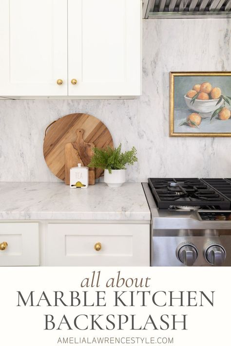 My favorite element of our kitchen design is our marble backsplash. It flows so seamlessly with our countertop and the overall design is just lovely. Marble Backsplash And Countertop, White Kitchen With Marble Backsplash, White Kitchen Cabinets Marble Backsplash, Marble Countertop And Backsplash Kitchen, Marble Kitchen Countertops And Backsplash, Kitchen Countertop As Backsplash, Solid Marble Backsplash Kitchen, Laminate Countertops And Backsplash, White Kitchen Quartz Backsplash